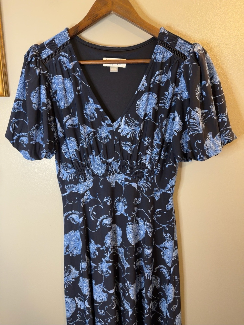 Harper Rose Blue Floral Midi Dress Size 4 Smocked Waist Puff Sleeve - Picture 4 of 9